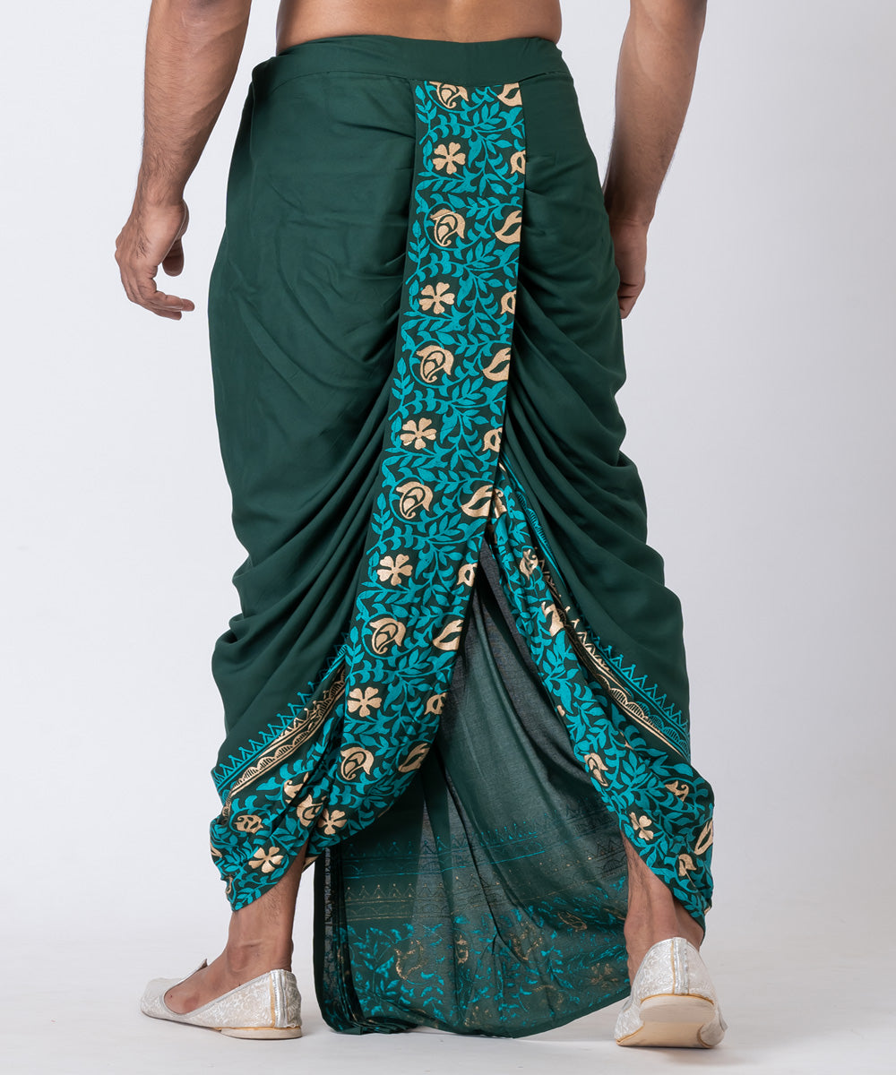 Dark green hand block printed cotton dhoti