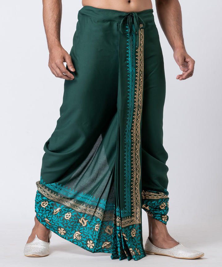 Dark green hand block printed cotton dhoti