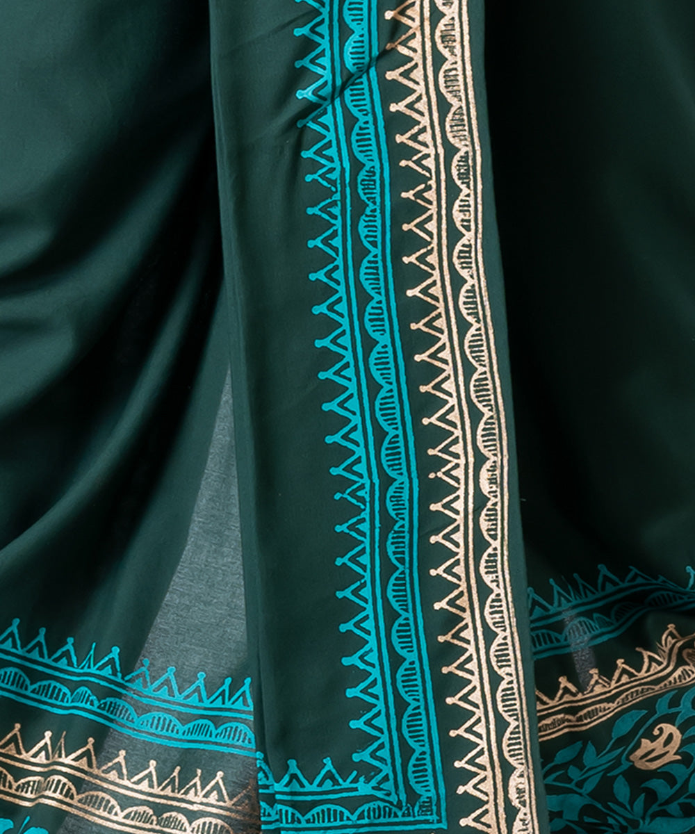 Dark green hand block printed cotton dhoti