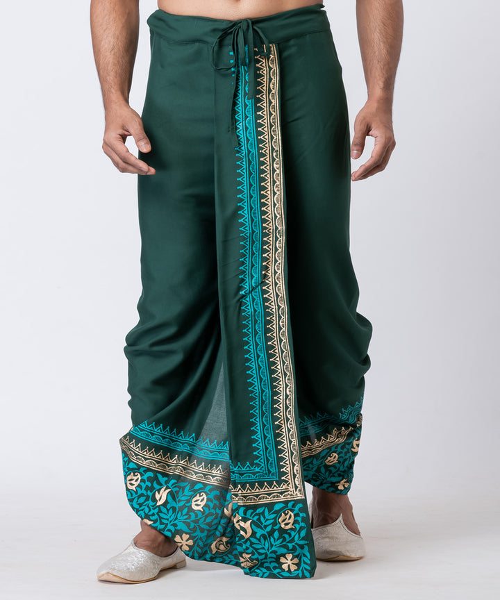 Dark green hand block printed cotton dhoti