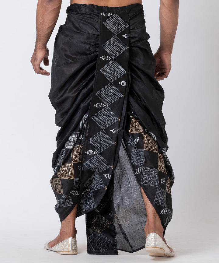 Black dupion silk hand block printed dhoti