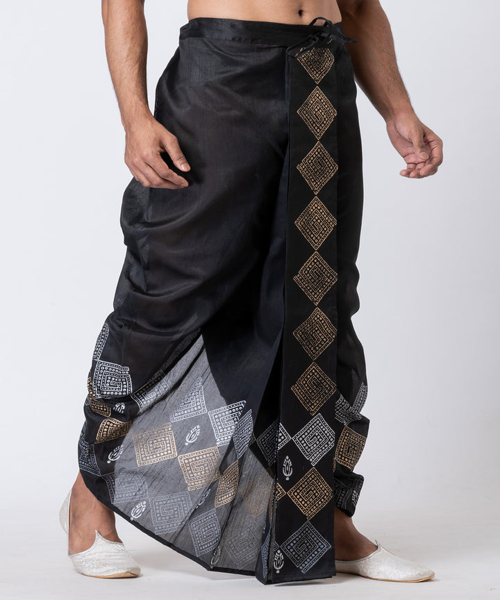 Black dupion silk hand block printed dhoti