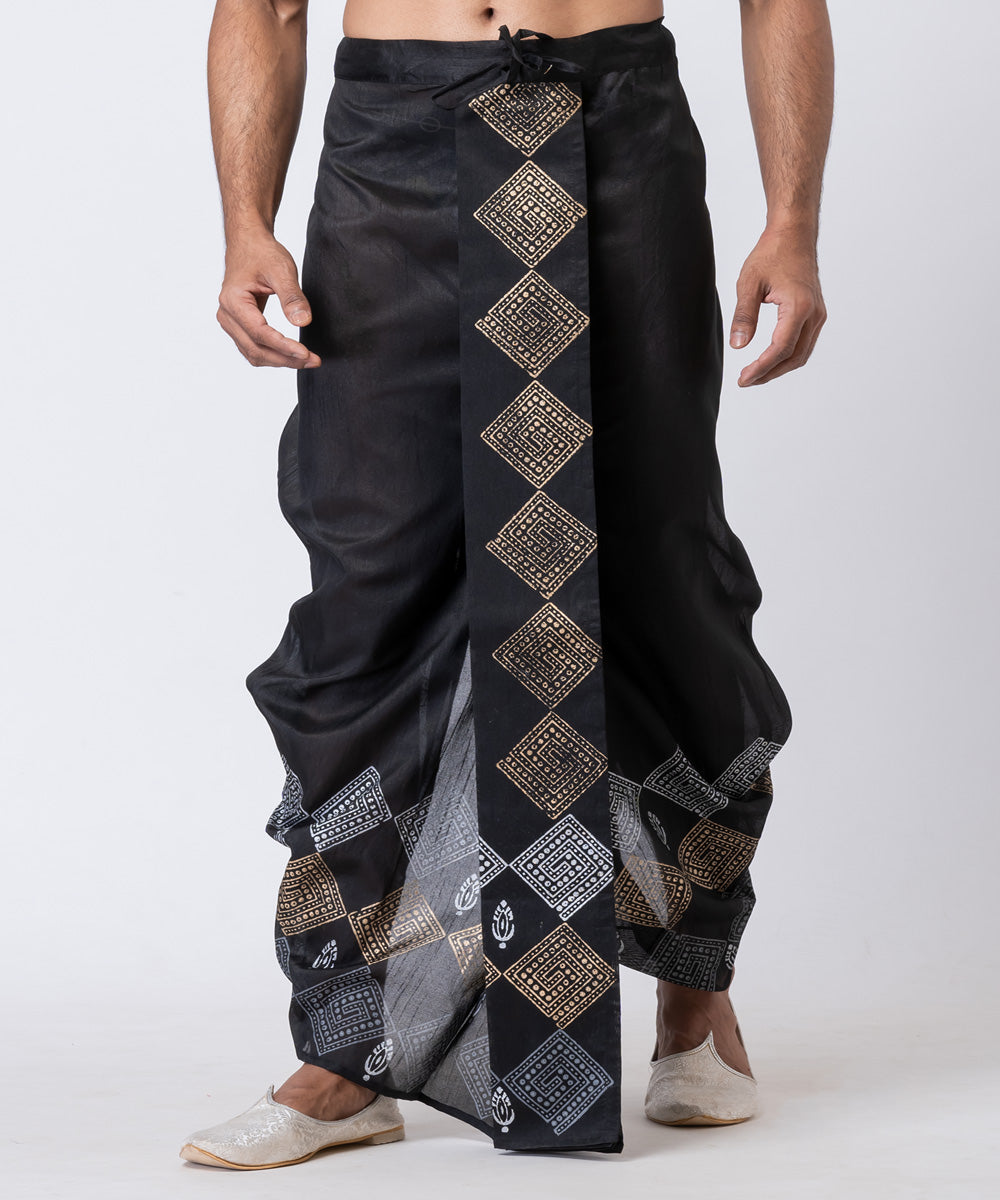 Black dupion silk hand block printed dhoti