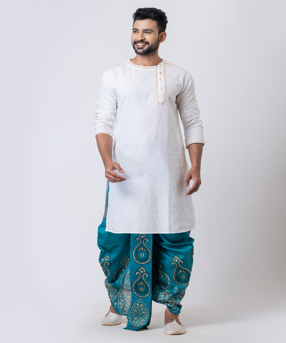 Torquise blue dupion silk hand block printed dhoti