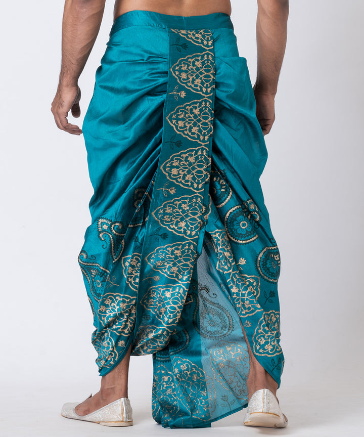 Torquise blue dupion silk hand block printed dhoti