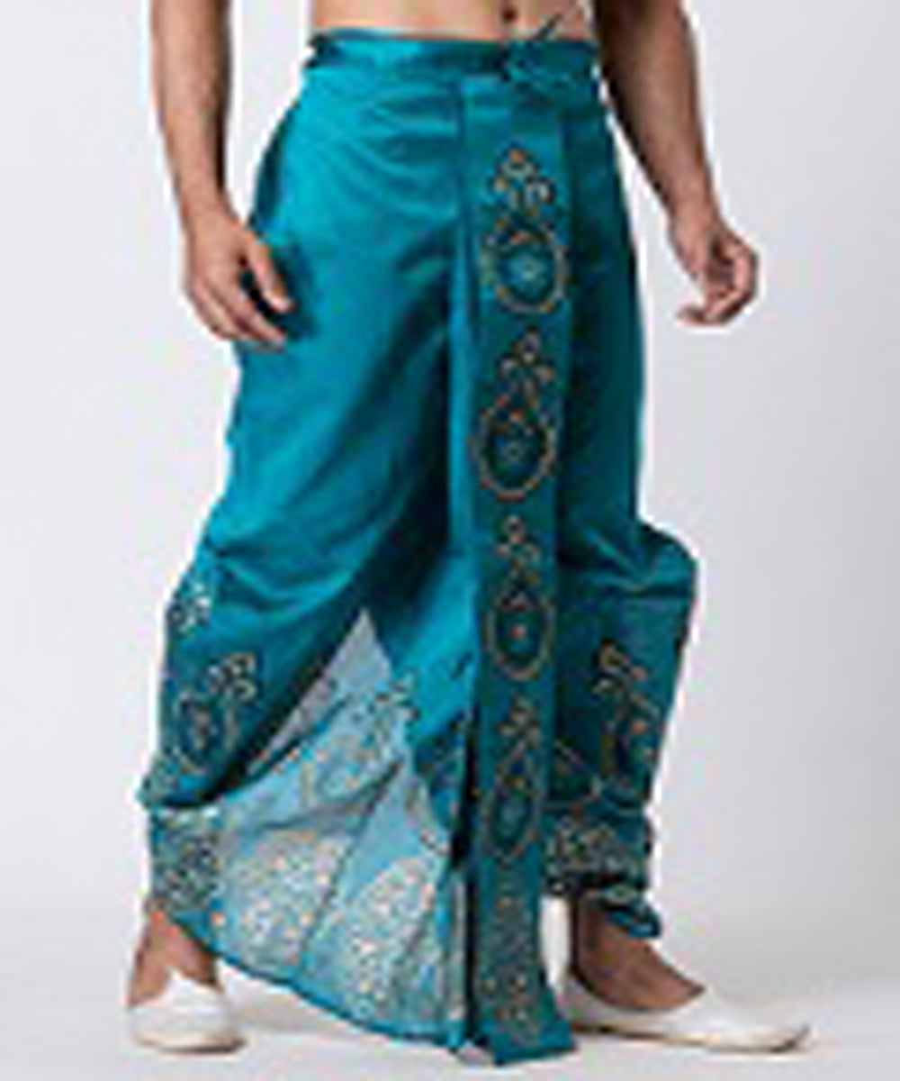 Torquise blue dupion silk hand block printed dhoti