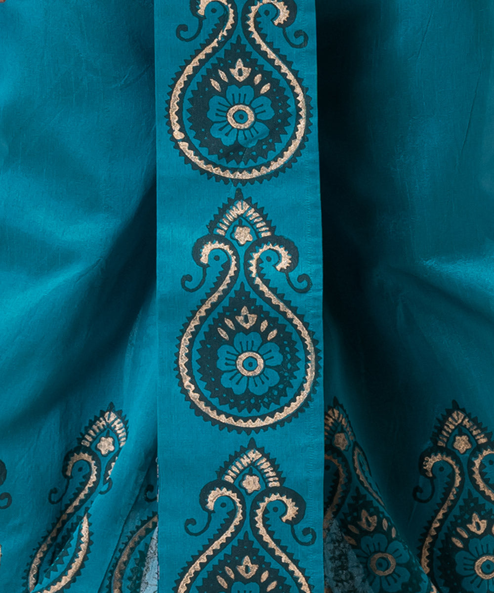 Torquise blue dupion silk hand block printed dhoti