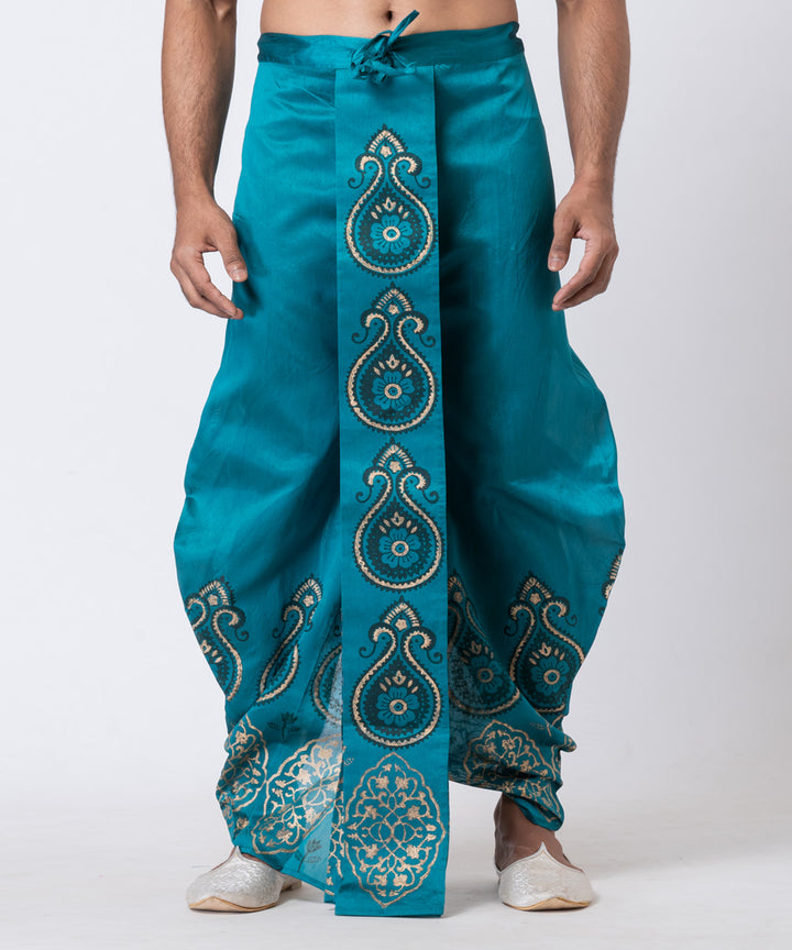 Torquise blue dupion silk hand block printed dhoti