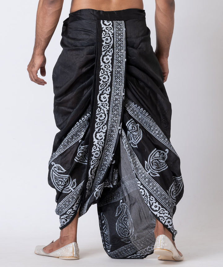 Black white hand block printed dupion silk dhoti