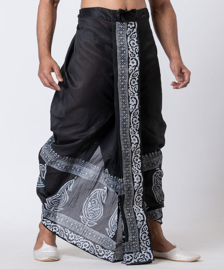 Black white hand block printed dupion silk dhoti