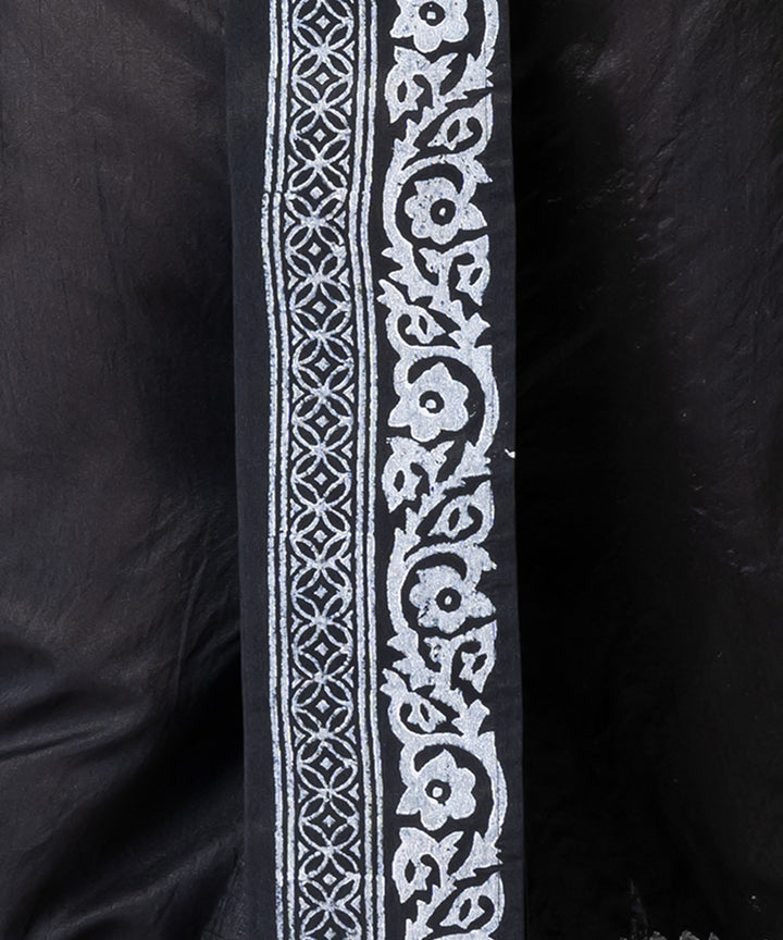 Black white hand block printed dupion silk dhoti