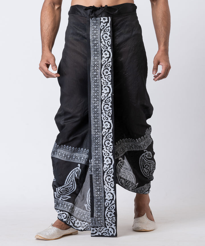 Black white hand block printed dupion silk dhoti