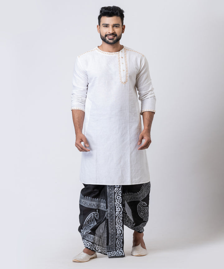 Black white hand block printed dupion silk dhoti