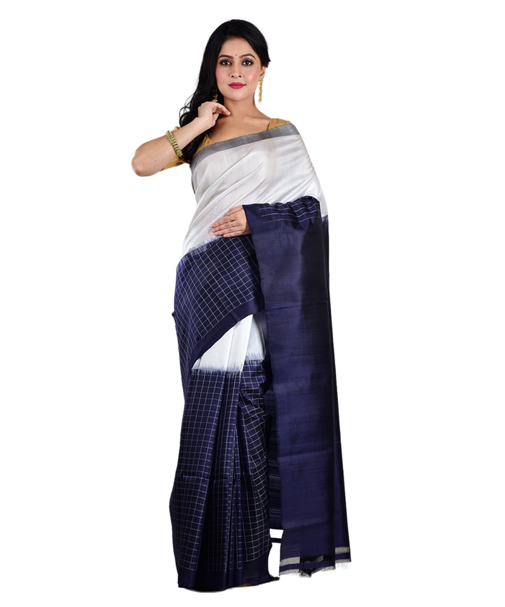 White navy blue handwoven silk saree