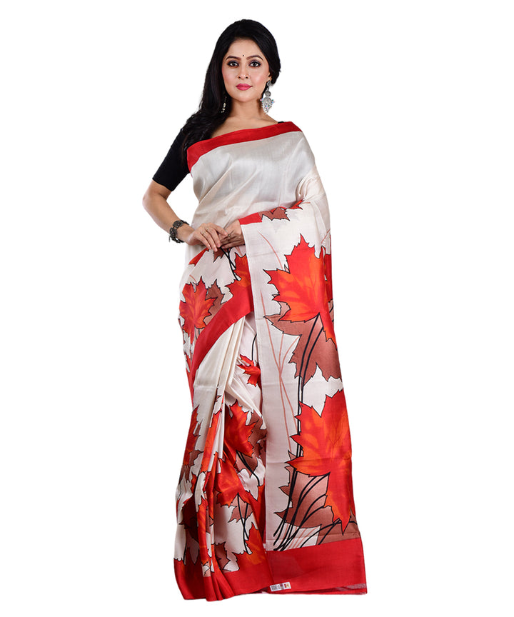 White multicolor hand printed silk saree