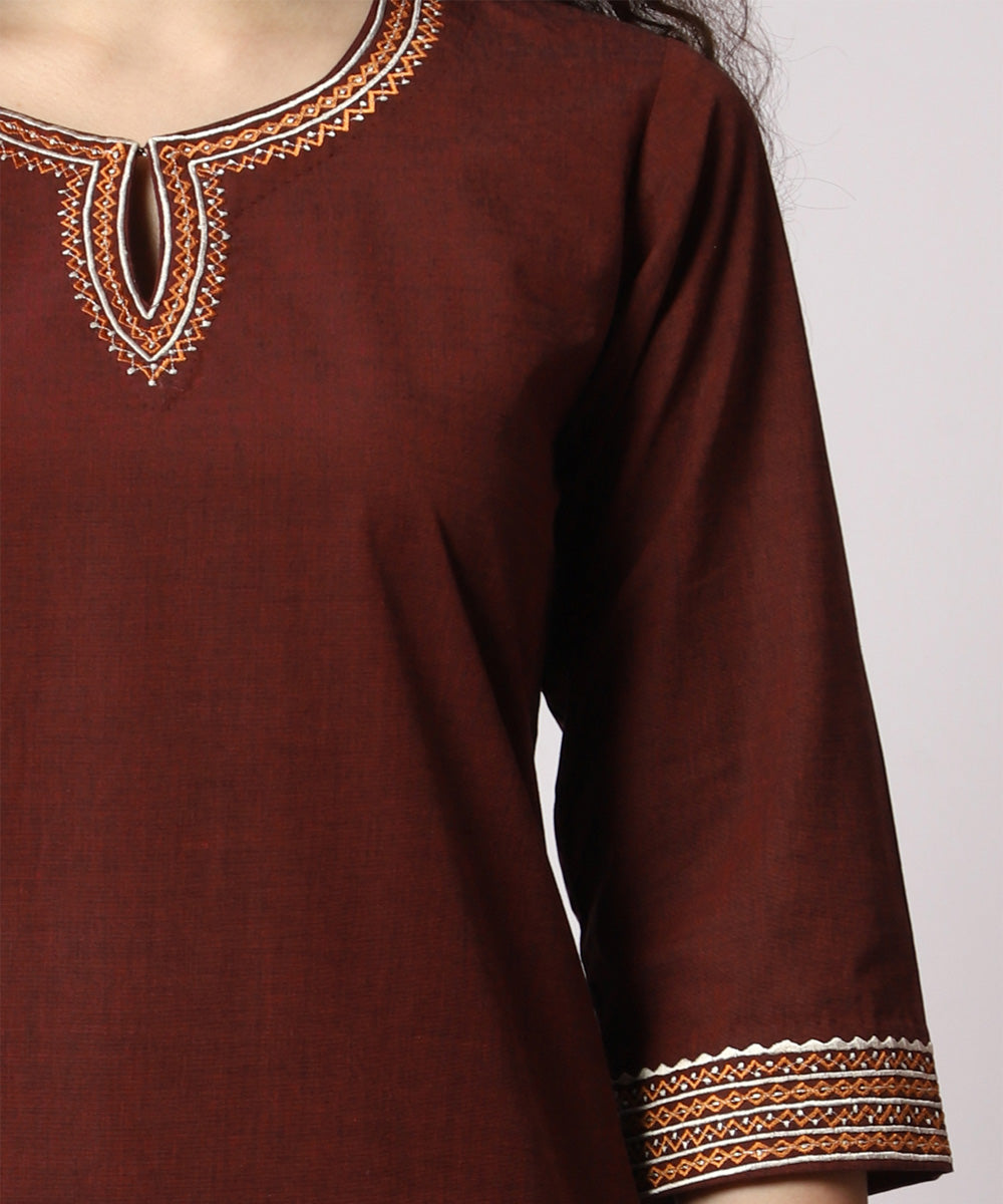 Brown handembroidered cotton 3/4 sleeves kurti