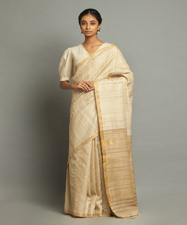 Natural, white tussar silk hand woven chhattisgarh kosa saree