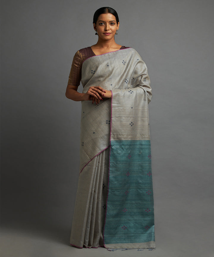 Dusky blue grey tussar silk handwoven chhattisgarh kosa saree
