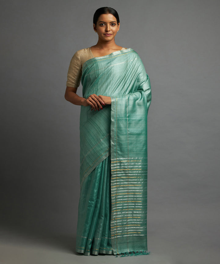 Turquoise gold zari tussar silk handwoven chhattisgarh kosa saree
