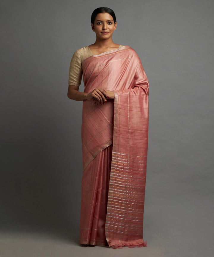 Flamingo pink silver zari hand woven chhattisgarh tussar silk saree