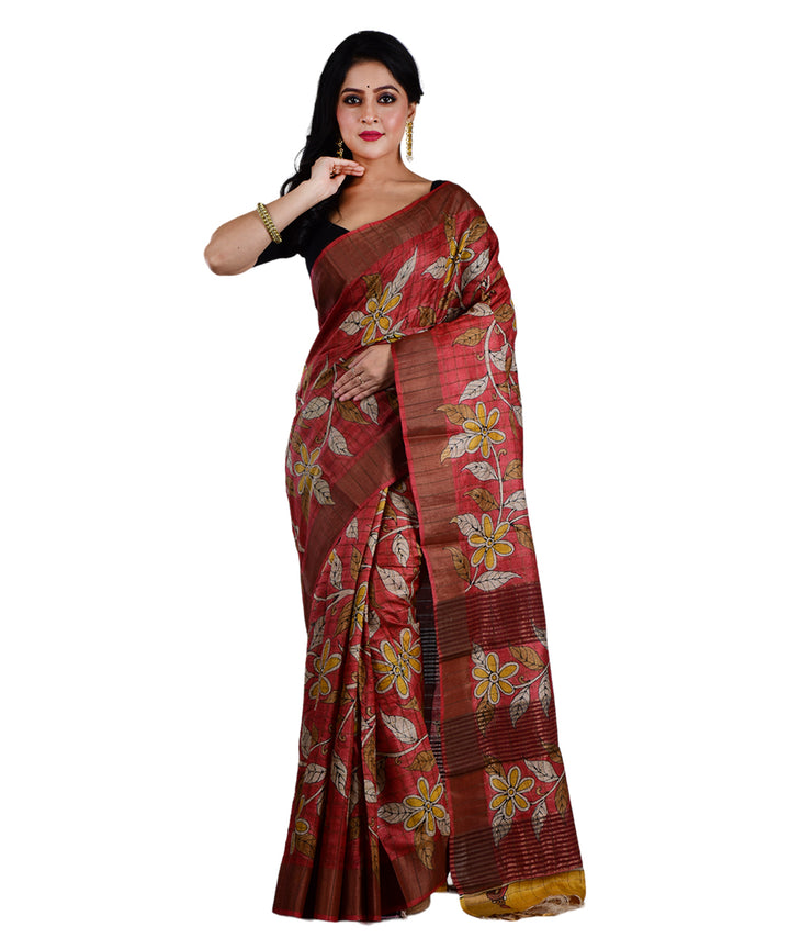 Multicolor red hand printed tussar silk saree