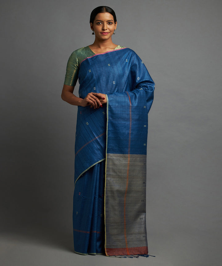 Egyptian blue tussar silk handwoven chhattisgarh kosa saree