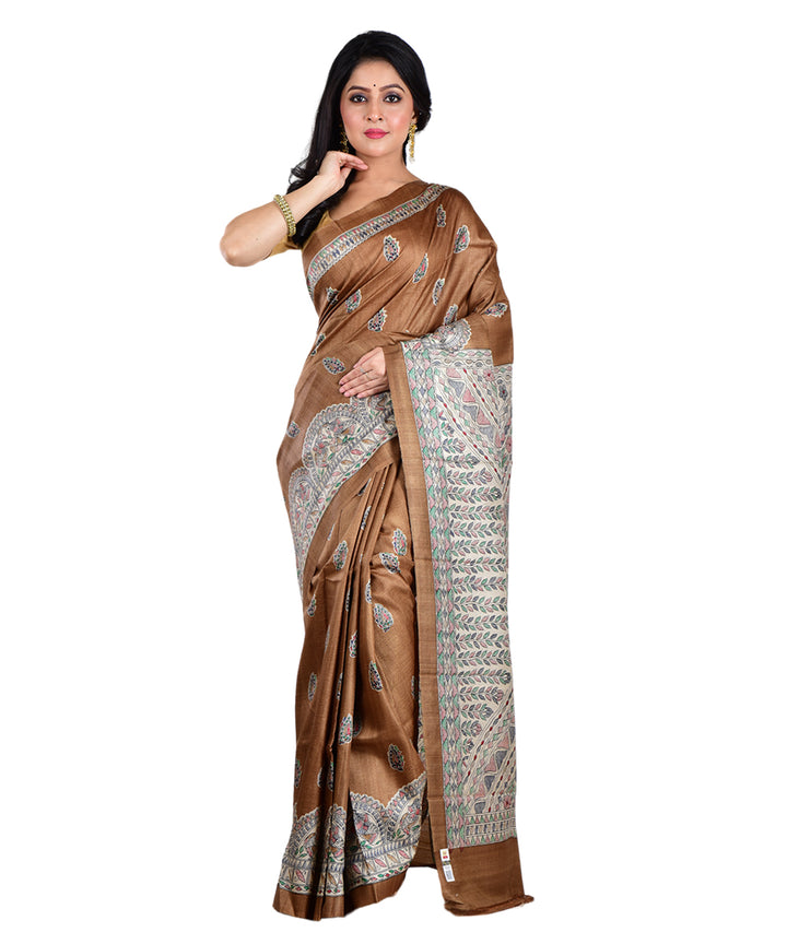 Brown multicolor hand printed tussar silk saree