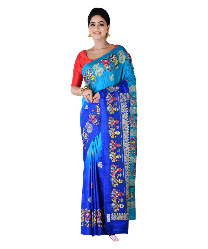 Cyan blue multicolor hand printed tussar silk saree