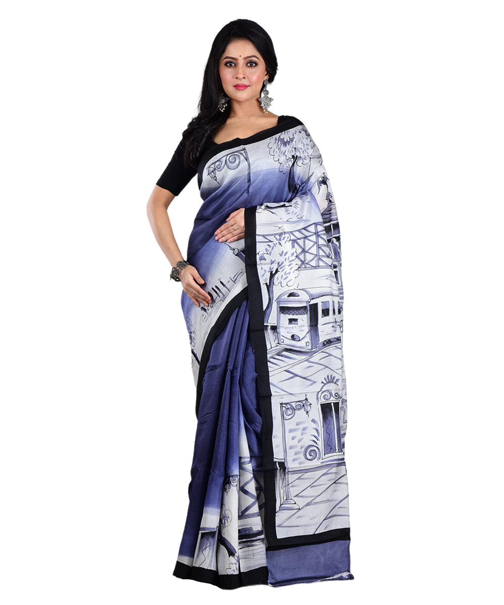 Grey white hand painted silk saree