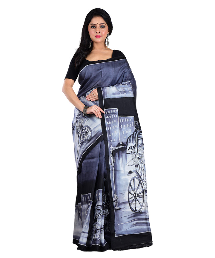 Black white handwoven silk saree