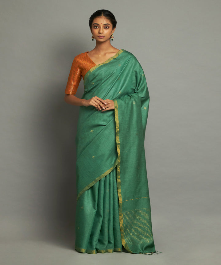 Dark green tussar silk hand woven chhattisgarh kosa saree