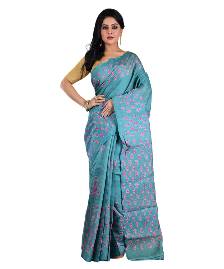 Sky blue pink hand printed tussar silk saree