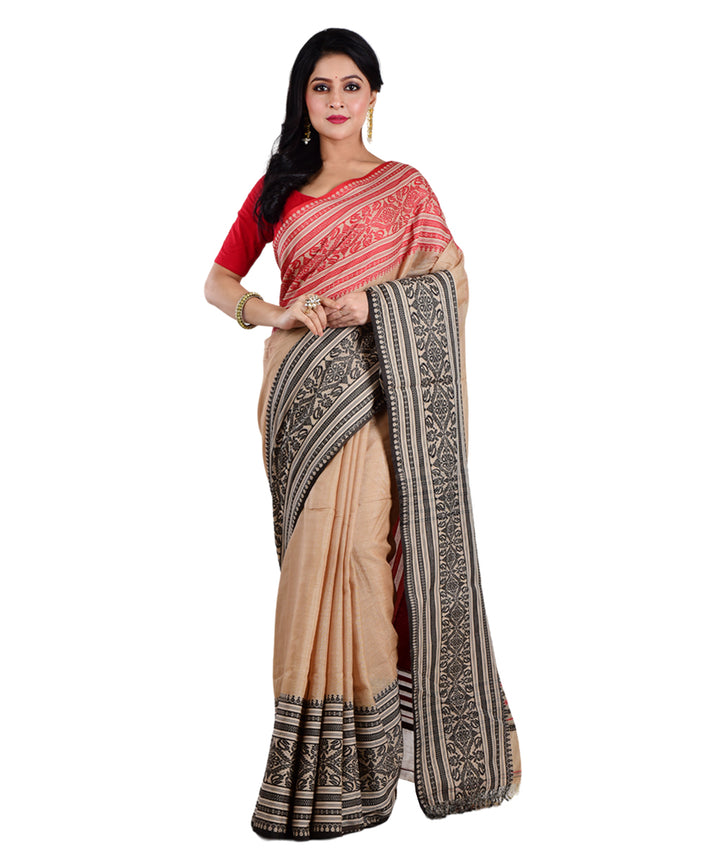 Beige red handwoven cotton silk saree