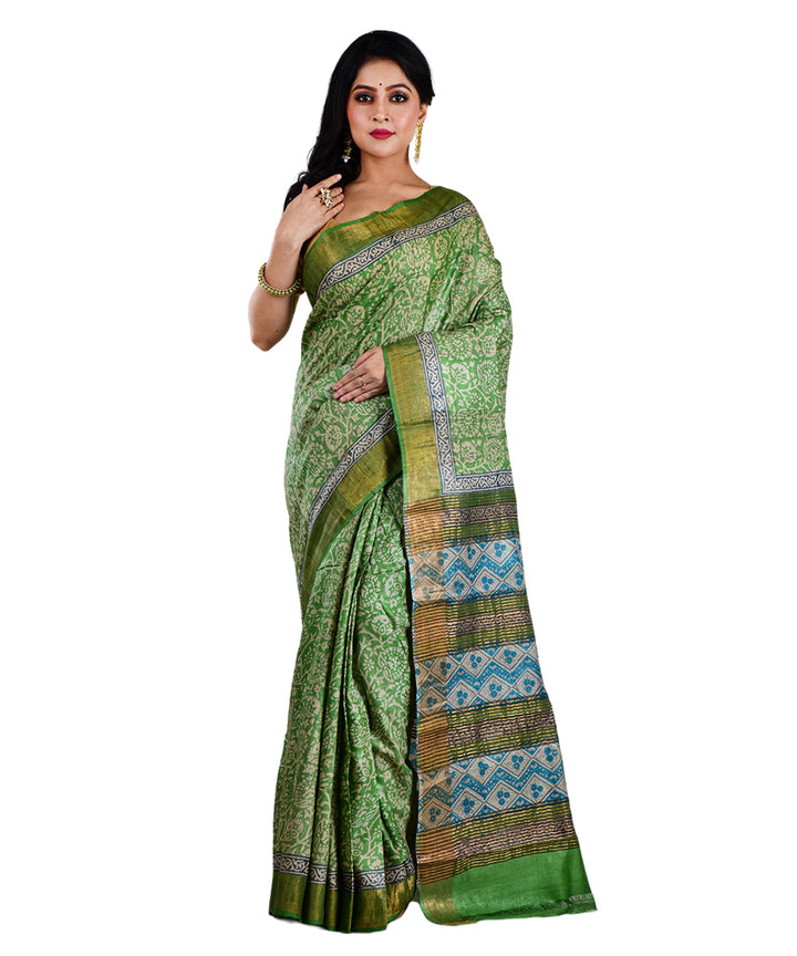 Light green hand printed tussar silk saree