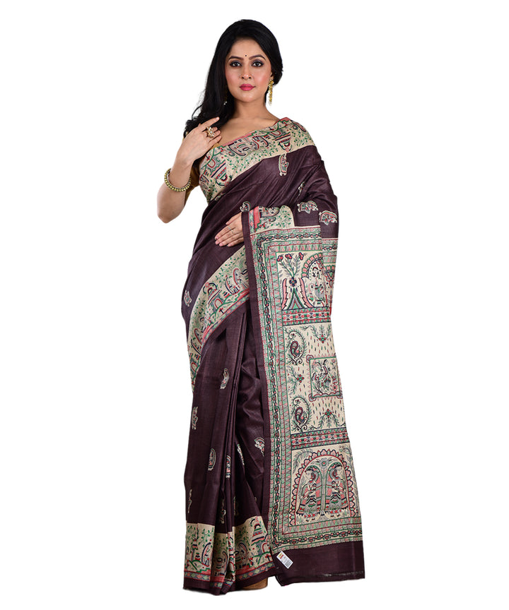 Brown multicolor tussar silk hand printed saree