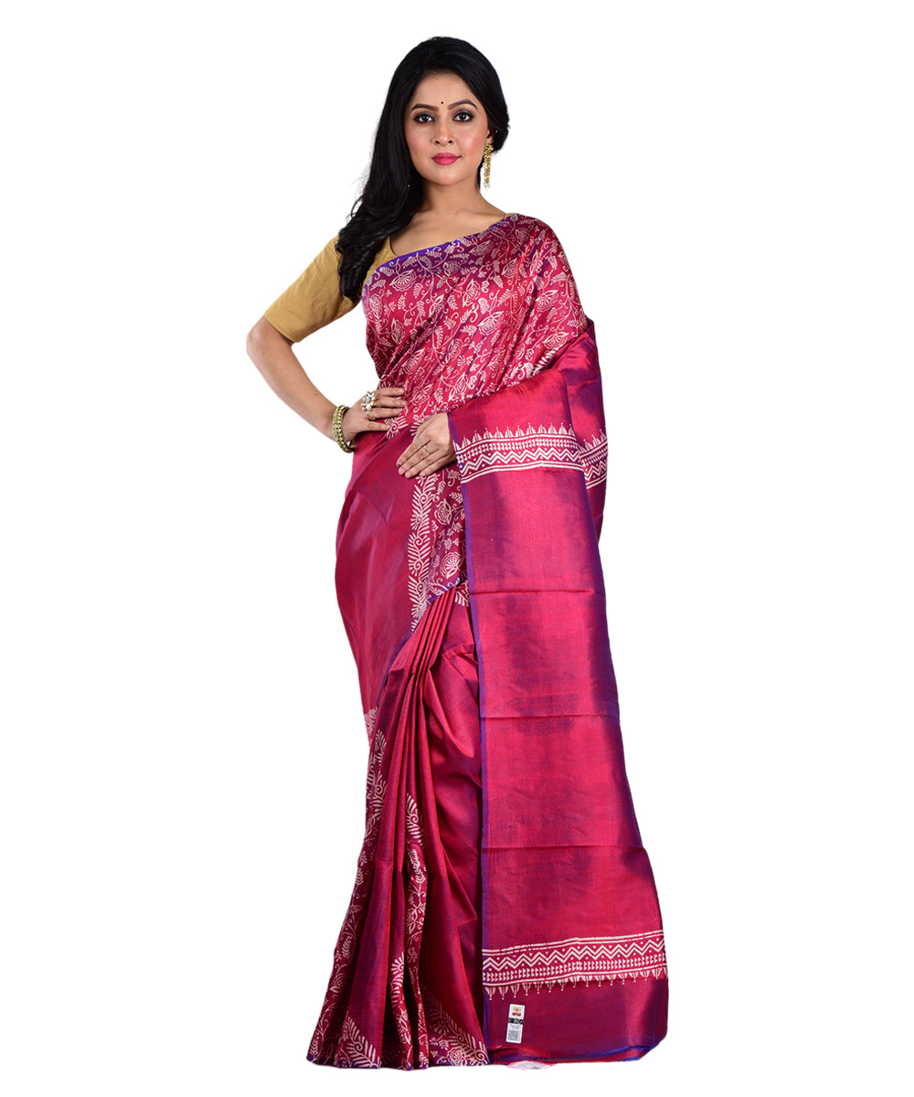 Maroon hand printed silk saree