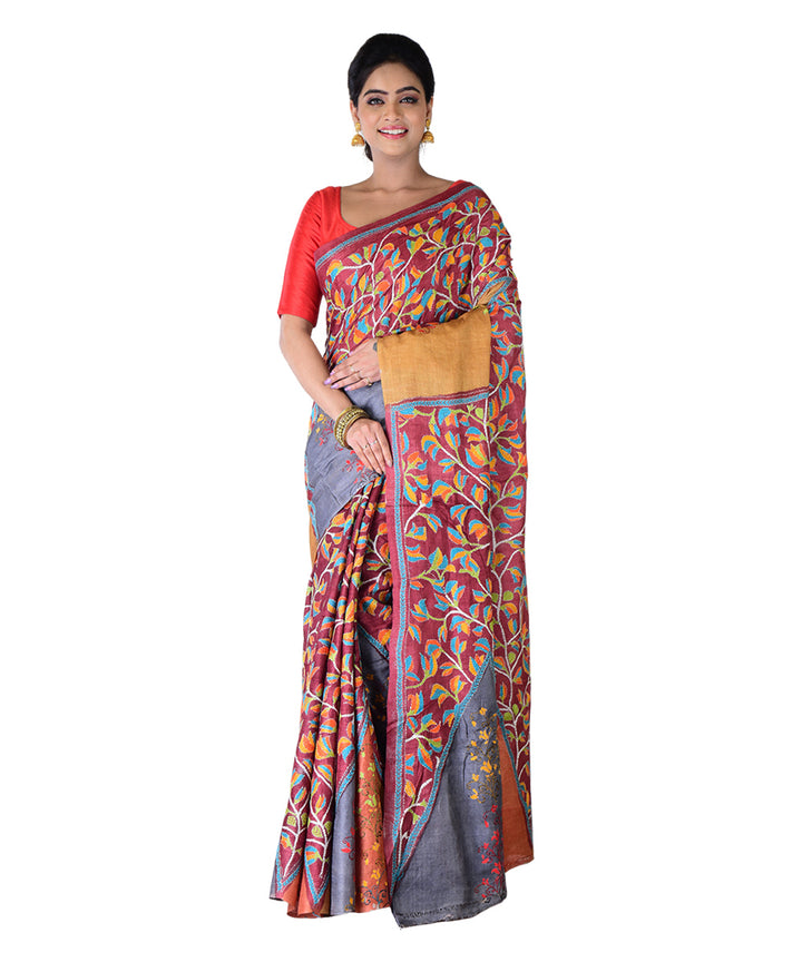 Multicolor mustard hand printed tussar silk saree