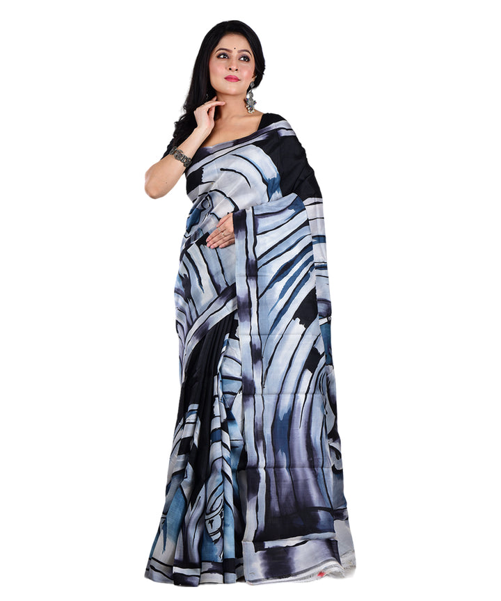 Black white silk hand painted bengal saree