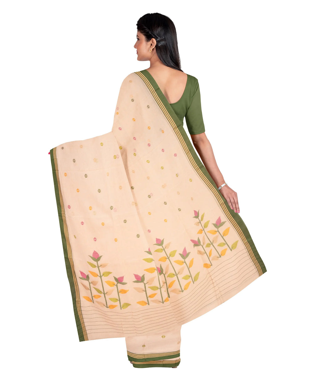 Cream olive handwoven jamdani cotton saree