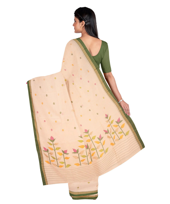 Cream olive handwoven jamdani cotton saree