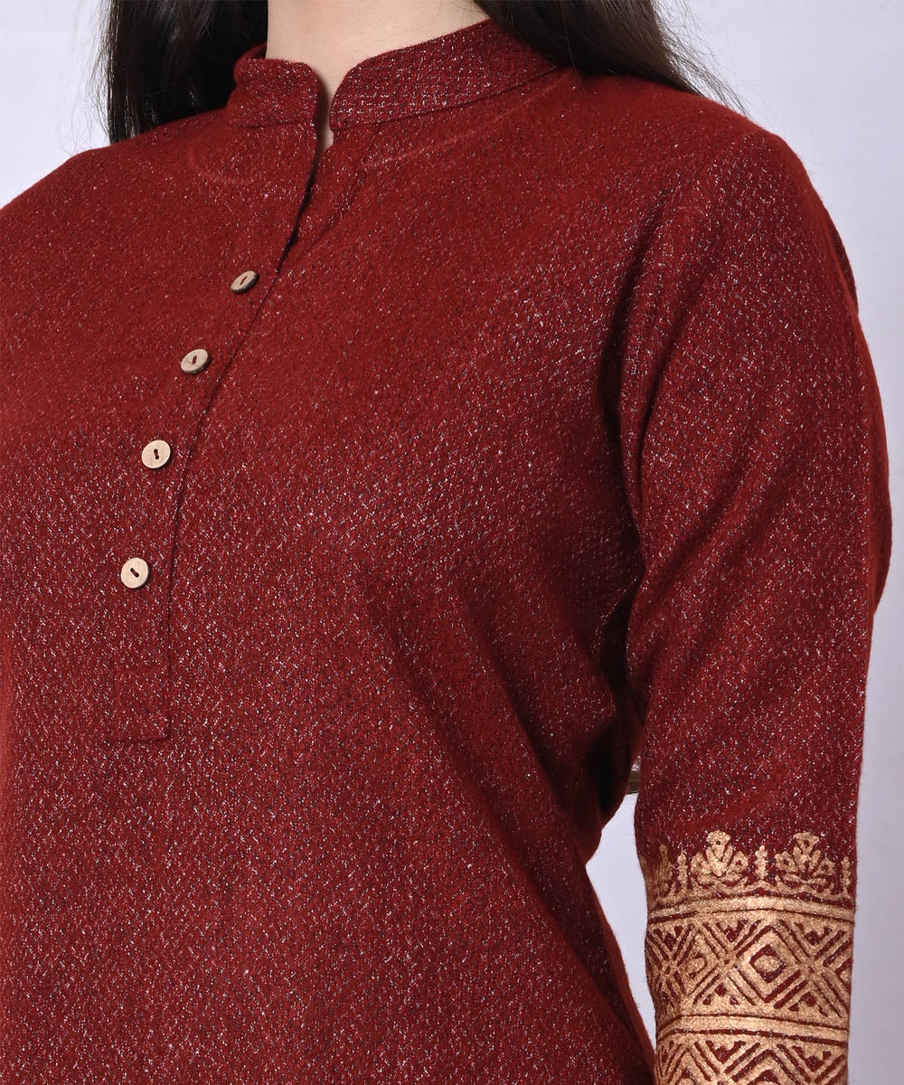 Maroon golden handblock printed woolen kurta set