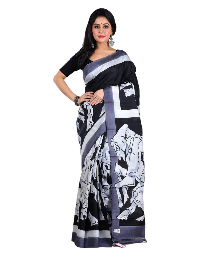 Black white silk hand painted saree