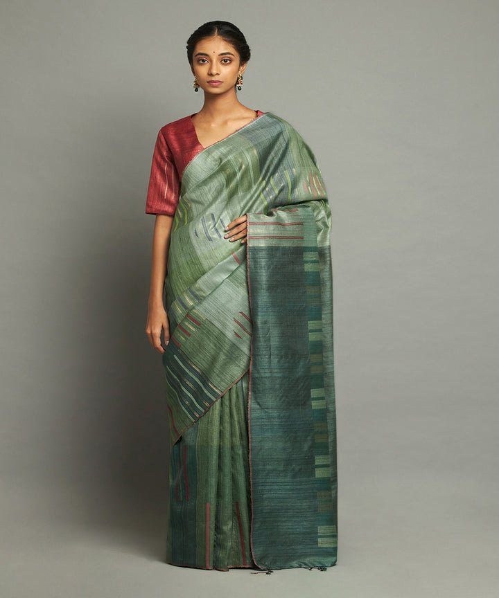 Green checkered tussar silk hand woven chhattisgarh kosa saree