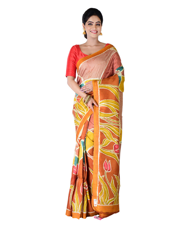 Yellow multicolor hand painted silk saree