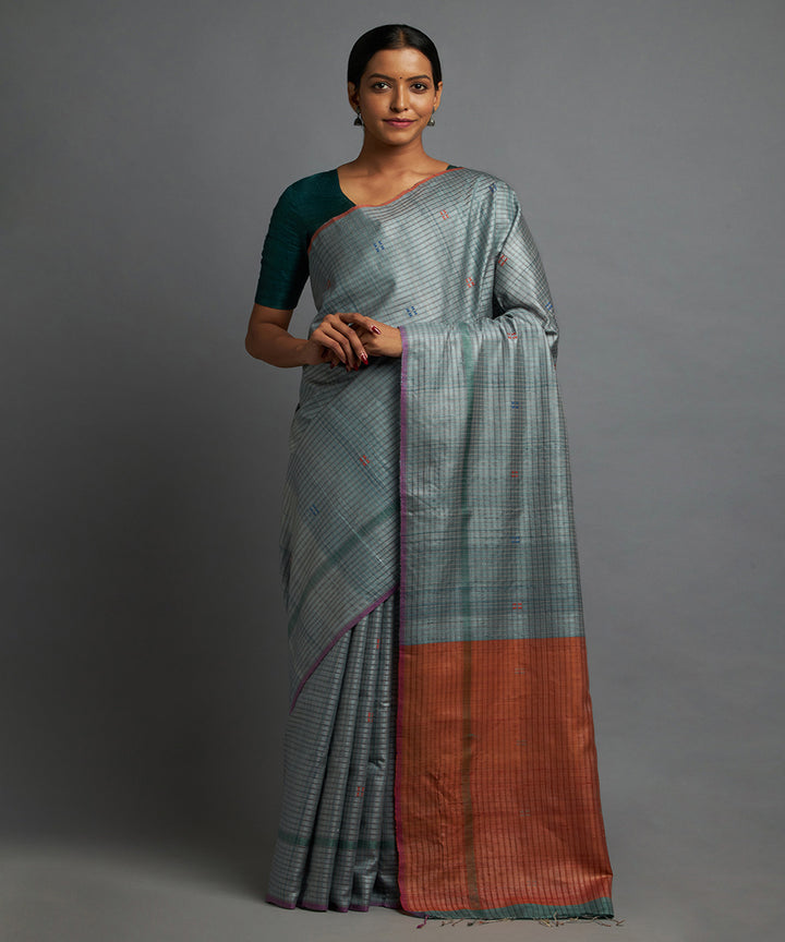 Cool grey tussar silk hand woven chhattisgarh kosa saree