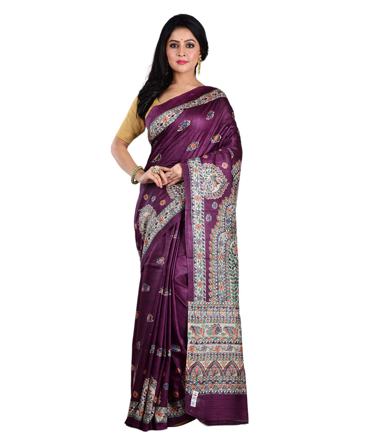 Purple multicolor hand printed tussar silk saree