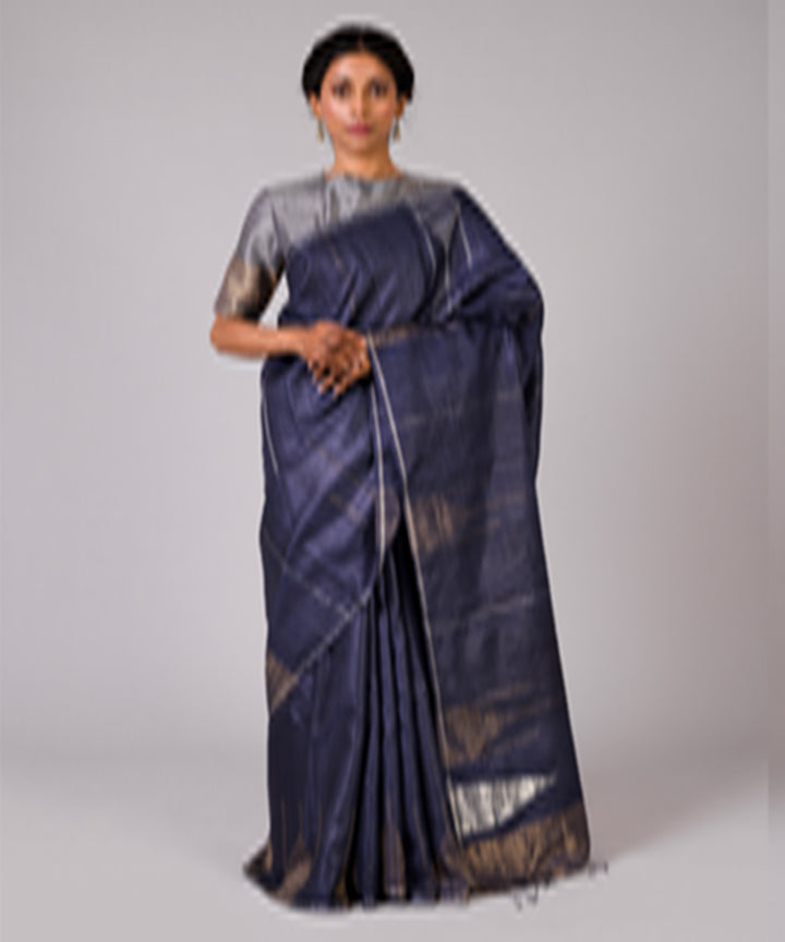 Deep blue tussar silk hand woven chhattisgarh kosa saree