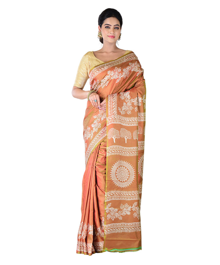 Brown offwhite hand printed silk saree
