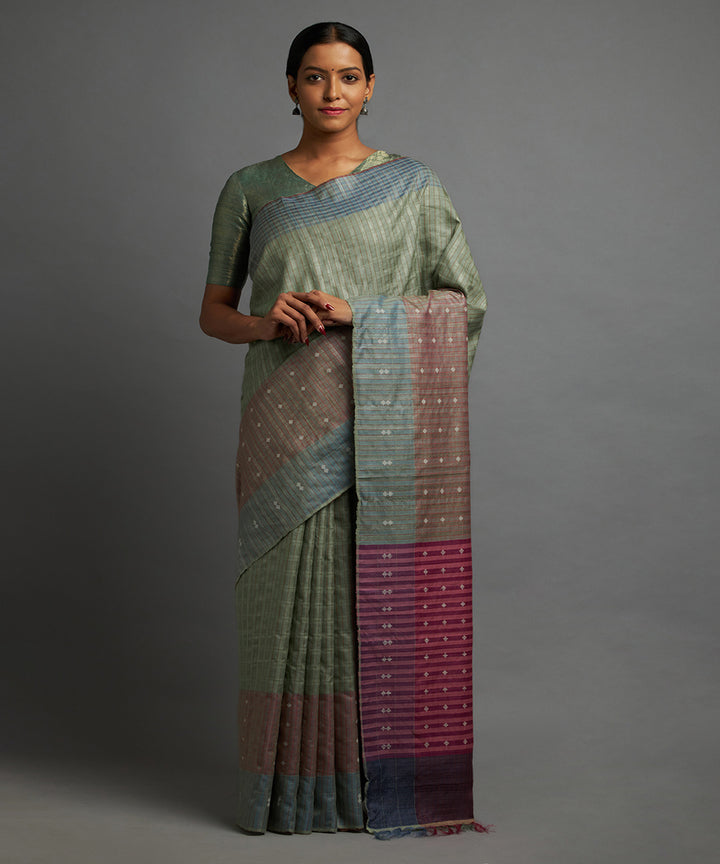 Pistachio tussar silk hand woven chhattisgarh kosa saree