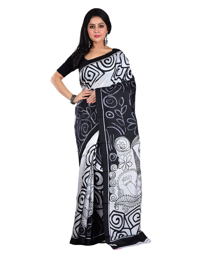 Black white hand painted silk saree